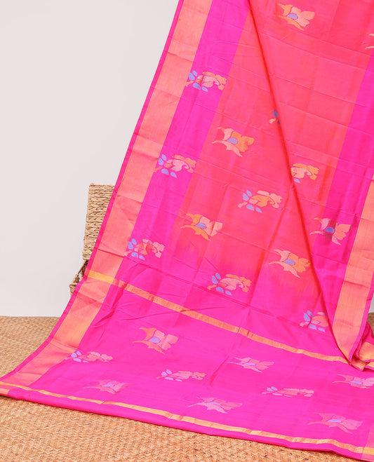 Pink  floral buttas uppada silk saree with contrast zari border & floral design pallu