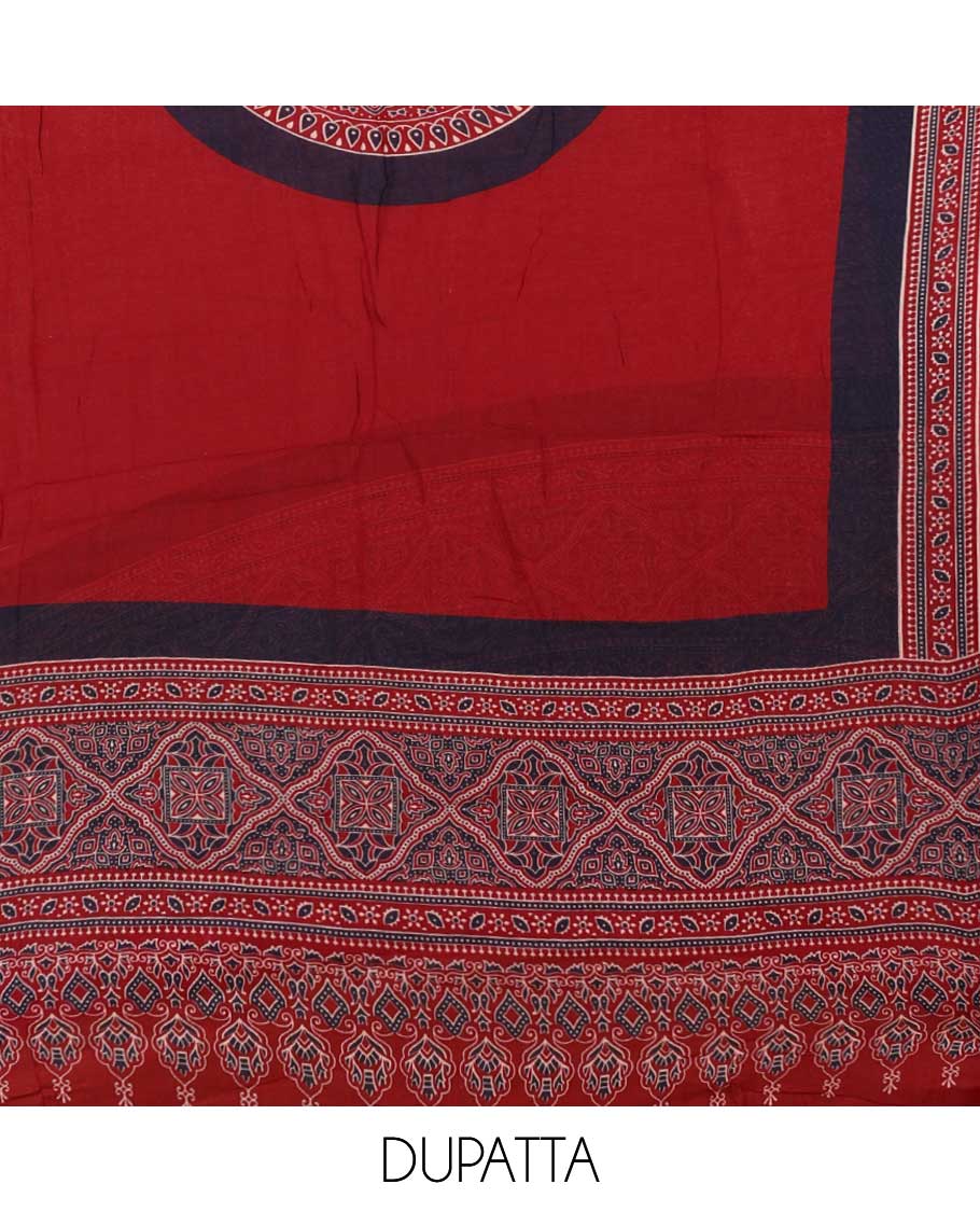 red ajrak print rayon chudidhar material top with rayon material printed pant & mul mul votton ajrak printed dupatta