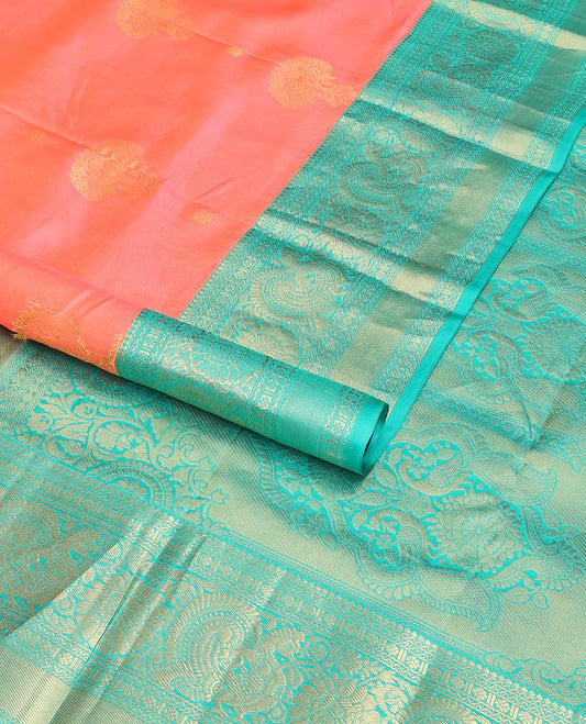 Peach floral buttas silk saree with contrast border of thilakam mokku, paun, mayil design & floral design pallu