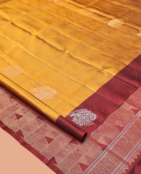 Yellow Mayuri Lite Silk Mix Saree, Adorned with Zari Buttas on Its Body, Complemented by a Contrast Border of Unique Designs, Geometric Patterns Pallu, and Paired with a Contrast Blouse