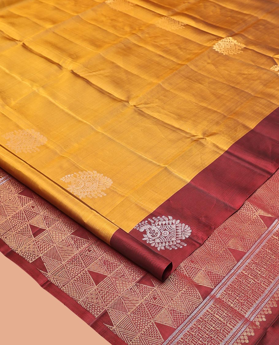 Yellow Mayuri Lite Silk Mix Saree, Adorned with Zari Buttas on Its Body, Complemented by a Contrast Border of Unique Designs, Geometric Patterns Pallu, and Paired with a Contrast Blouse