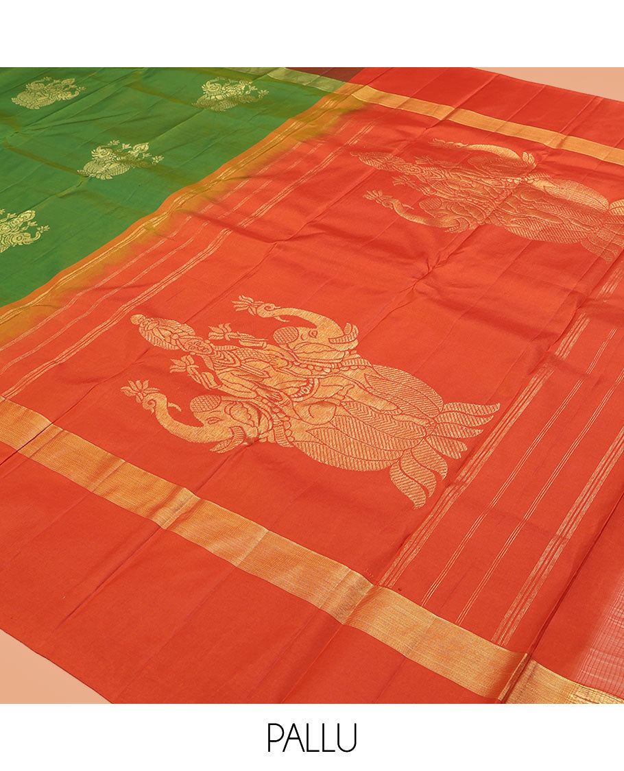 Green Kanchipuram Silk Saree, Woven with Goddess Lakshmi Buttas, a Contrast Goddess Lakshmi Border, Goddess Lakshmi Pallu, and a Contrast Blouse