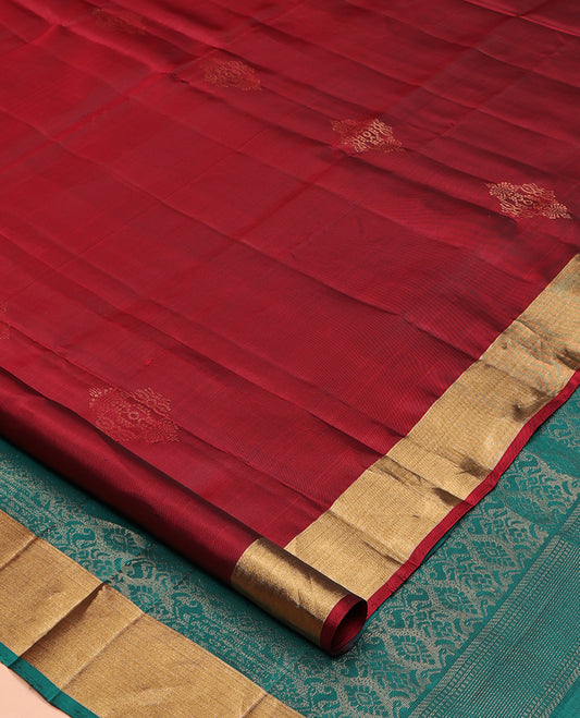 Red Mayuri Lite Silk Mix Saree, Subtly Sparkled with Zari Buttas All Over Its Body, Highlighted by a Zari Bavanji Border, Pallu of Intricate Designs, and Paired with a Contrast Blouse