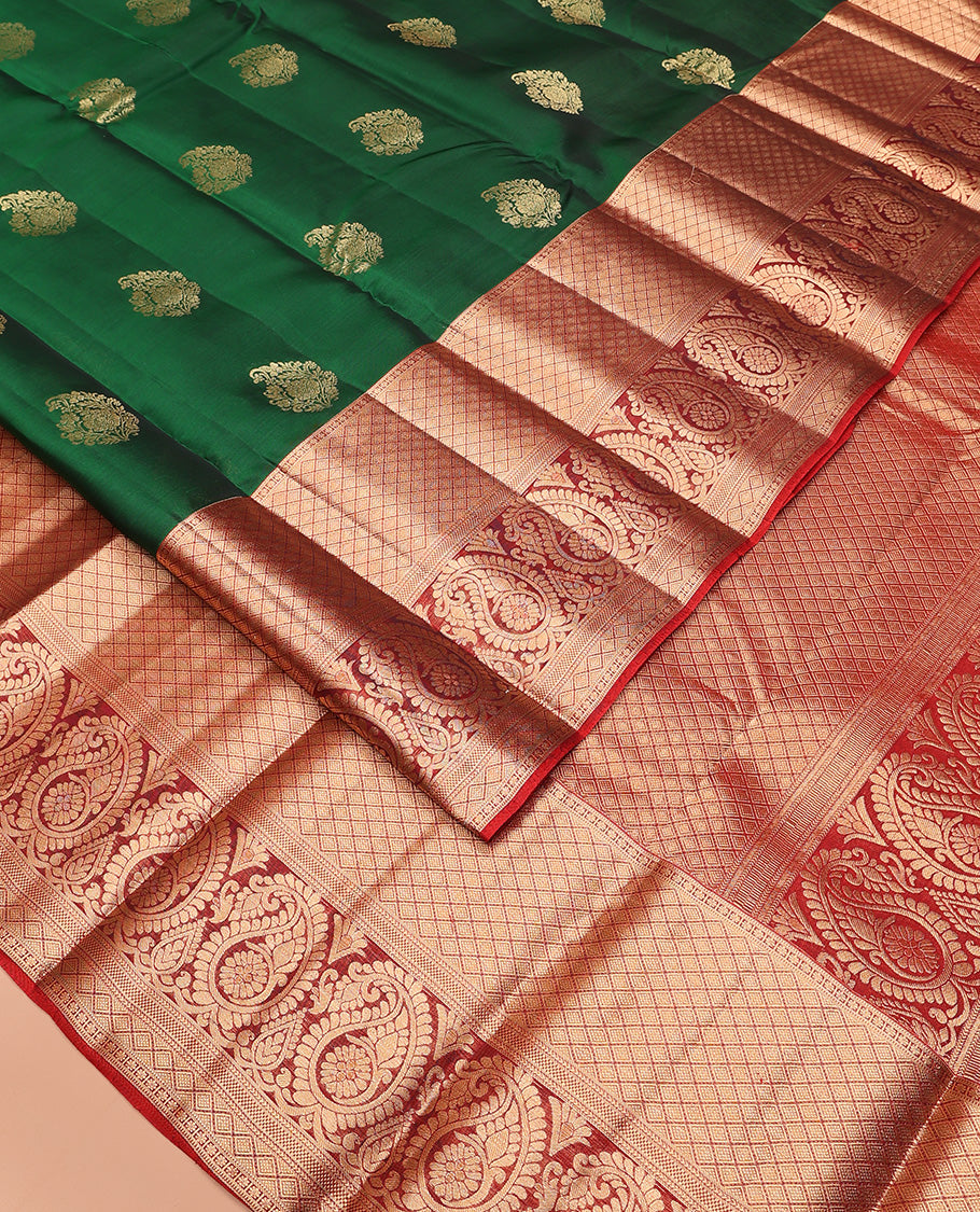 Green zari buttas Vasundhara silk mix saree, contrast border of jaal and manga designs, and zari-rich jaal pallu