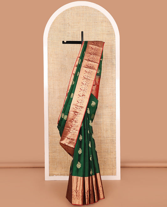 Green zari buttas Vasundhara silk mix saree, contrast border of jaal and manga designs, and zari-rich jaal pallu