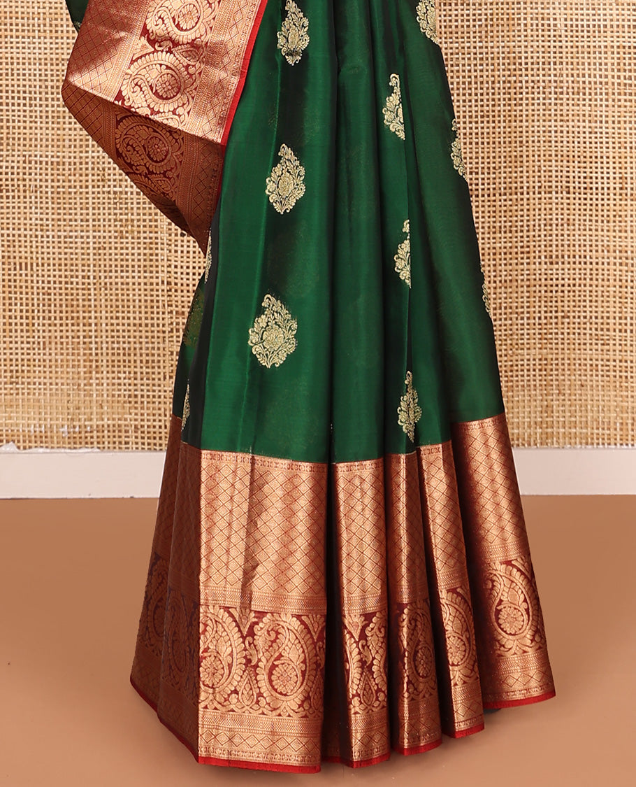 Green zari buttas Vasundhara silk mix saree, contrast border of jaal and manga designs, and zari-rich jaal pallu