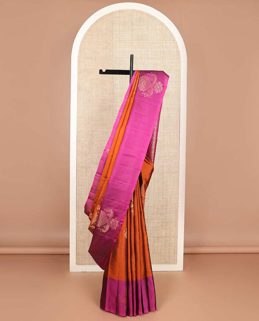 Orange zari buttas silk mix saree, contrast peacock design border & pallu of jaal designs