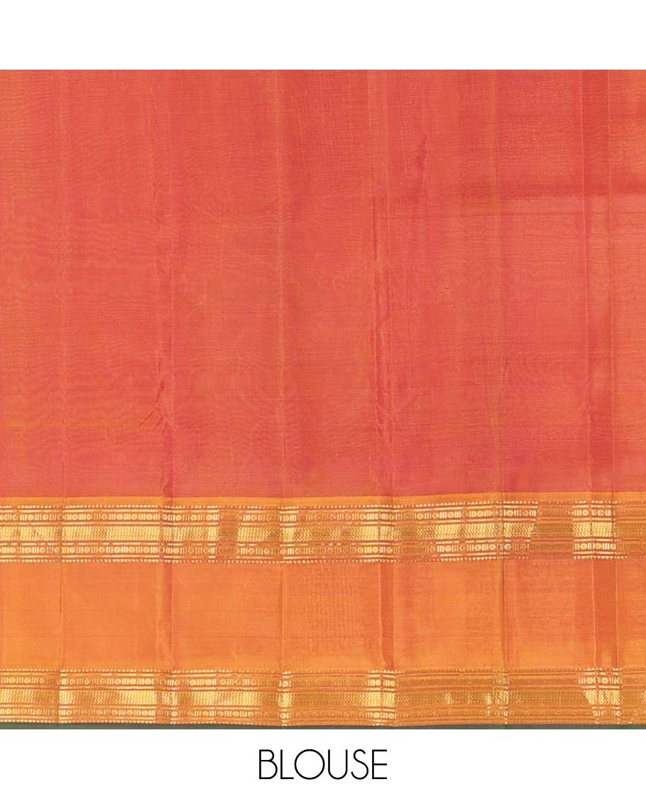 Purple plain Kanchipuram silk saree, contrast rettai pettu border of rekku, banaras, poun, and vanki designs, and zari design pallu