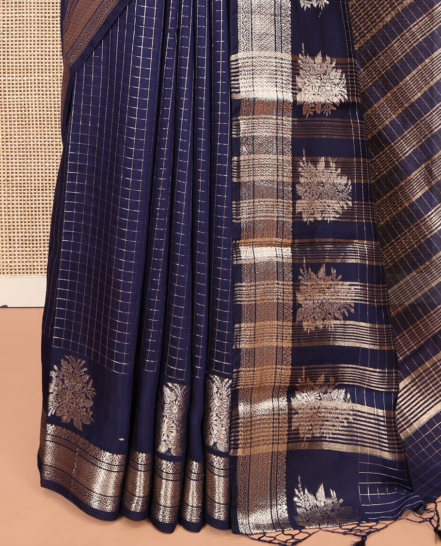 Blue Assam Silk Saree, Subtly Enriched with Zari Stripes, Highlighted by a Zari Traditional Border, Zari-Striped Pallu, and a Matching Blouse
