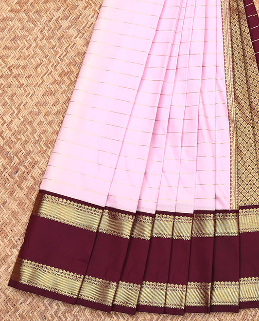 Pink Budget Silk Saree, Gleamed Up with Zari Stripes All Over Its Body, Complemented by a Contrast Traditional Zari Design Rettai Pettu Border, Pallu of Jaal Designs, and Paired with a Contrast Blouse
