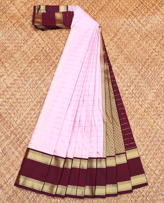 Pink Budget Silk Saree, Gleamed Up with Zari Stripes All Over Its Body, Complemented by a Contrast Traditional Zari Design Rettai Pettu Border, Pallu of Jaal Designs, and Paired with a Contrast Blouse