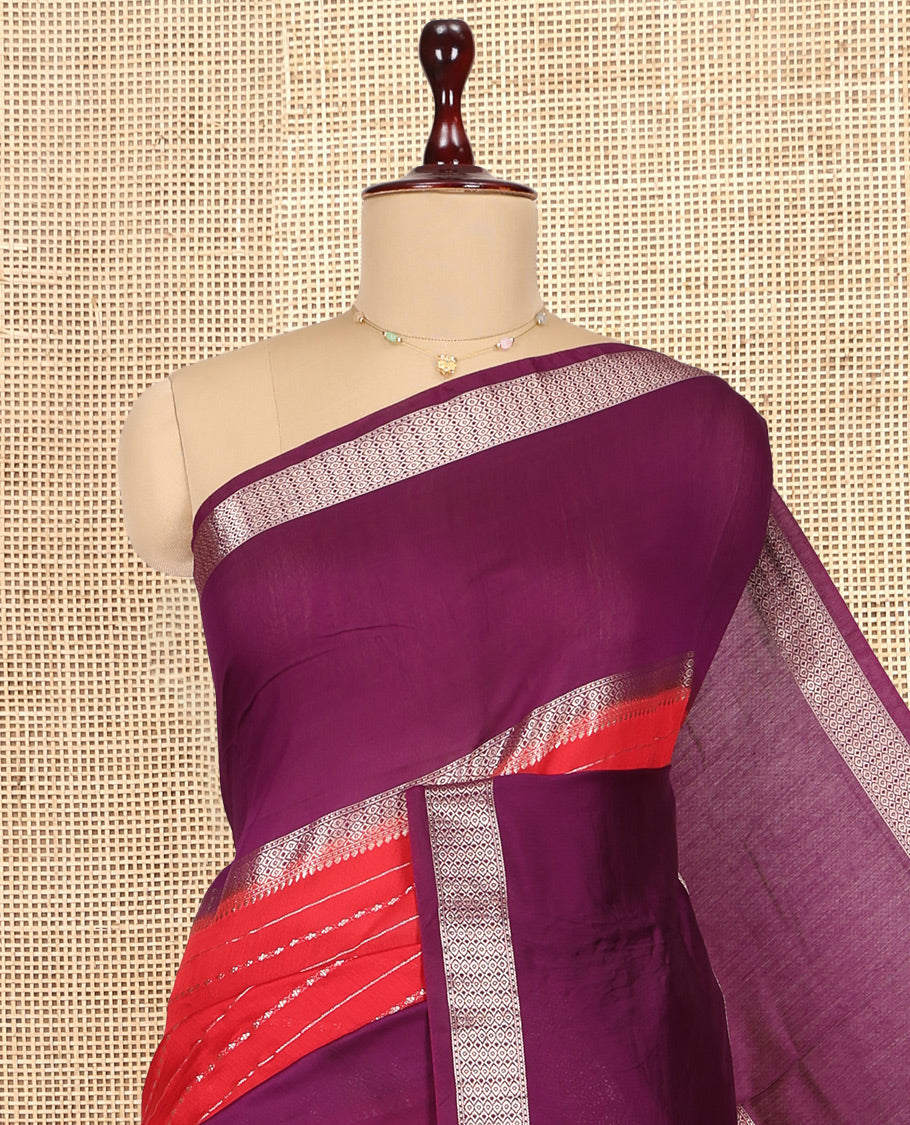 Red Assam Silk Saree, Embellished with Zari Stripes, Complemented by Contrast Big Zari Border,  Zari Woven Pallu, and Contrast Blouse