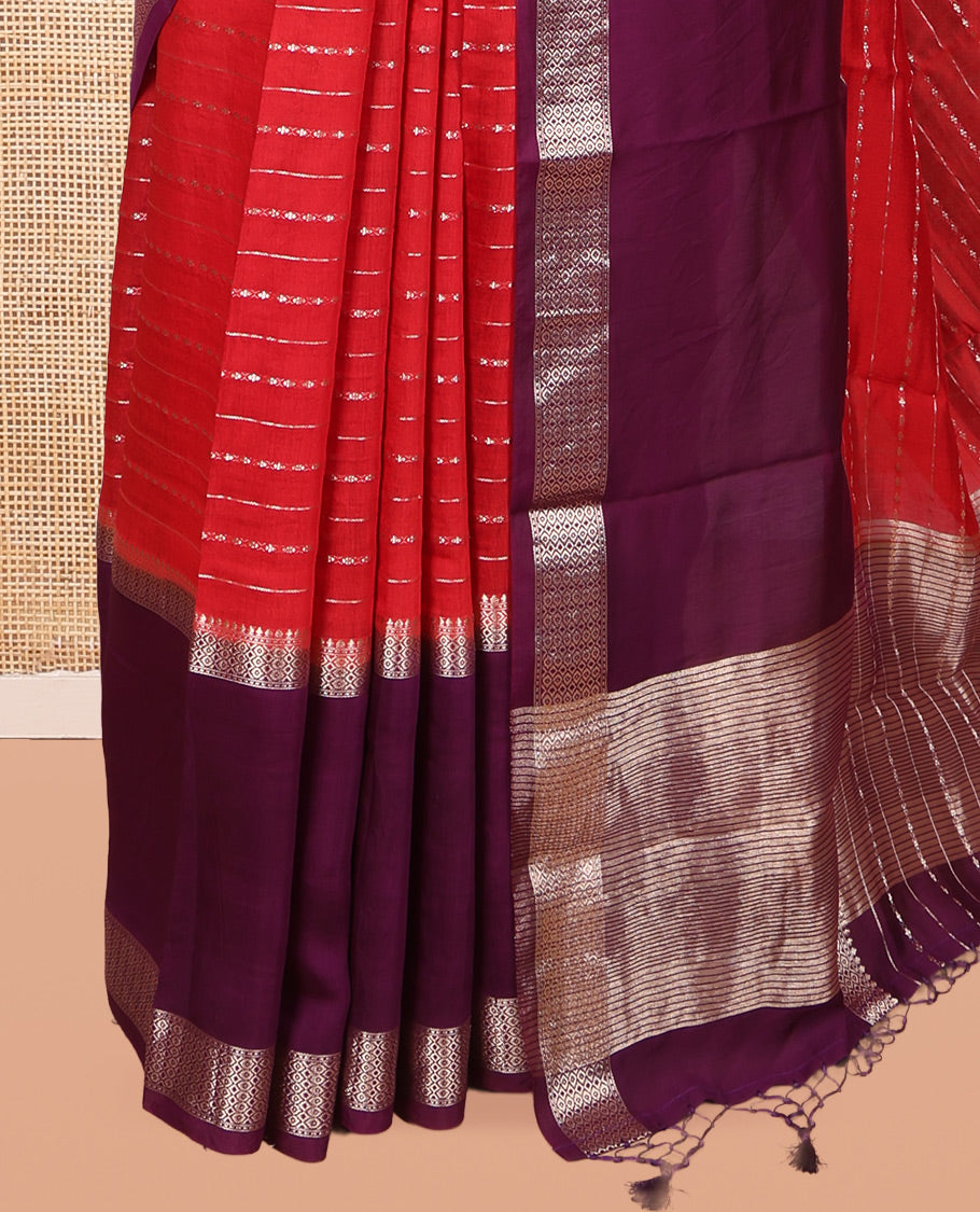 Red Assam Silk Saree, Embellished with Zari Stripes, Complemented by Contrast Big Zari Border,  Zari Woven Pallu, and Contrast Blouse