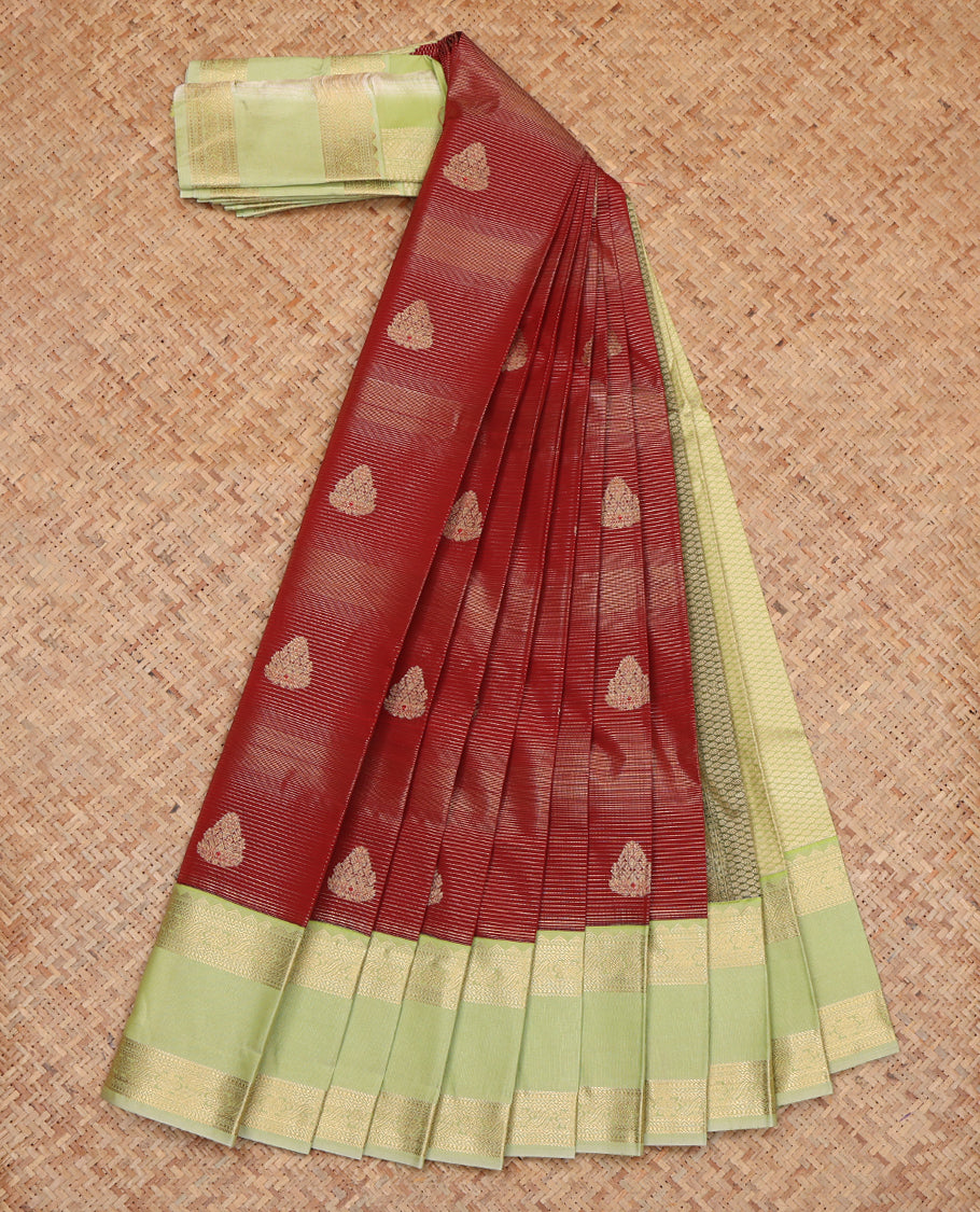 Maroon Budget Silk Saree, Crafted with Zari Buttas and Stripes, Complemented by a Contrast Traditional Rettai Pettu Zari Border, Grand Jaal Pallu, and Contrast Blouse