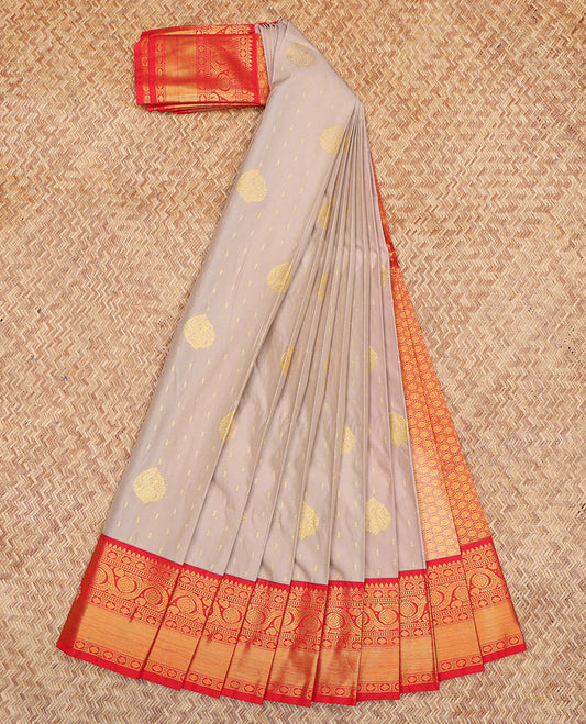 Grey Budget Silk Saree, Detailed with Zari Buttas, a Contrast Traditional Zari Border, Grand Pallu, and a Contrast Blouse