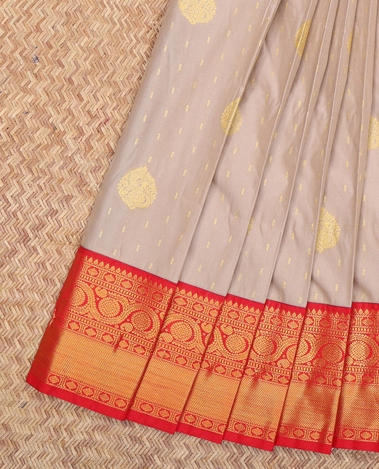 Grey Budget Silk Saree, Detailed with Zari Buttas, a Contrast Traditional Zari Border, Grand Pallu, and a Contrast Blouse