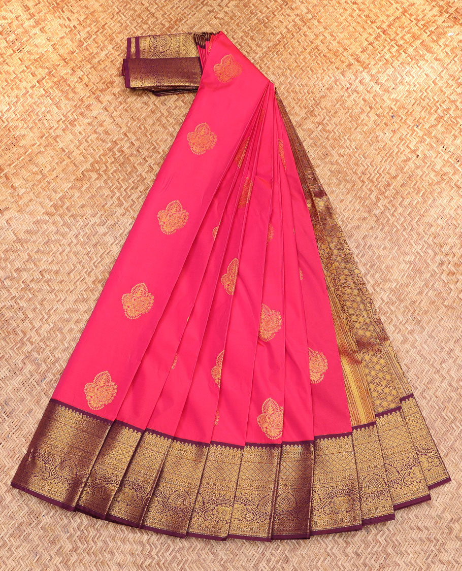 Pink Budget Silk Saree, Embellished with Zari Buttas, Complemented by a Contrast Traditional Zari Border, Grand Jaal Pallu, and a Contrast Blouse