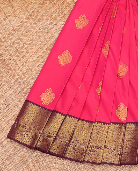 Pink Budget Silk Saree, Embellished with Zari Buttas, Complemented by a Contrast Traditional Zari Border, Grand Jaal Pallu, and a Contrast Blouse