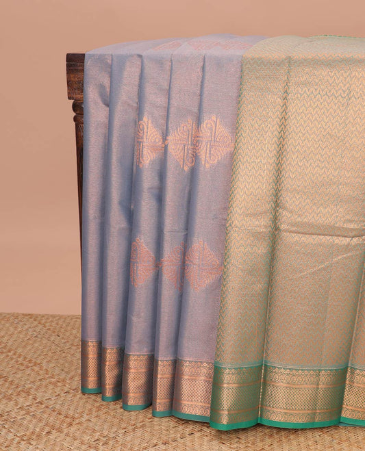 Lavender floral motifs semi silk cotton saree with contrast zari design border & chevron design pallu