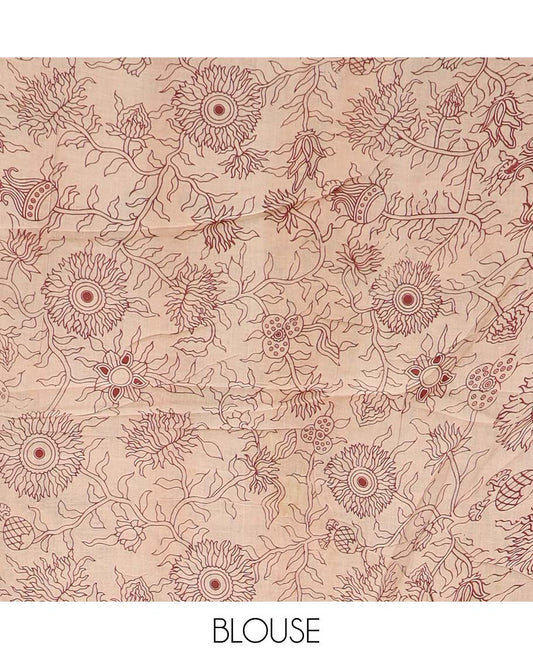 Green floral vine, and peacock machine printed kalamkari cotton saree, contrast peacock creeper border, and pallu of peacock print