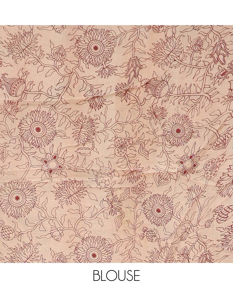 Green floral vine, and peacock machine printed kalamkari cotton saree, contrast peacock creeper border, and pallu of peacock print