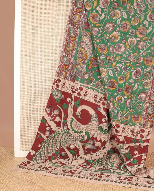 Green floral vine, and peacock machine printed kalamkari cotton saree, contrast peacock creeper border, and pallu of peacock print