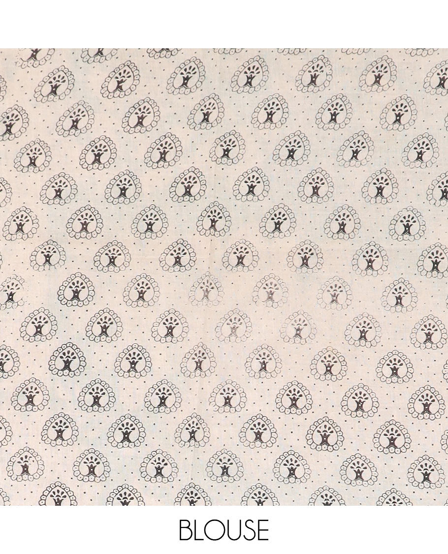 Green floral machine-printed cotton saree, contrast printed border, and pallu of Kalamkari floral and peacocks