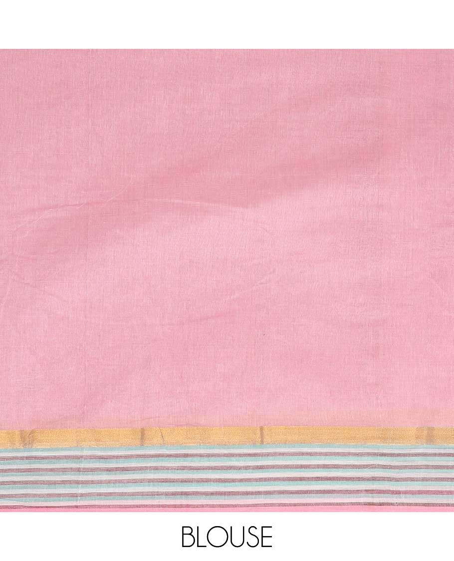 Pink human motifs & floral creeper printed chirala cotton saree, zari striped border & pallu of floral & bird print