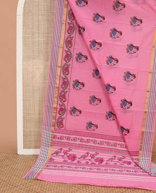 Pink human motifs & floral creeper printed chirala cotton saree, zari striped border & pallu of floral & bird print