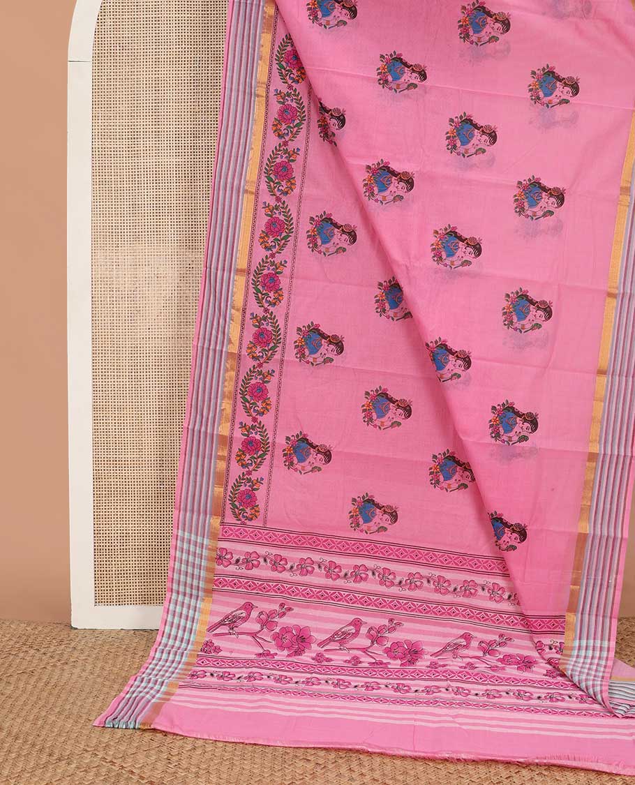 Pink human motifs & floral creeper printed chirala cotton saree, zari striped border & pallu of floral & bird print