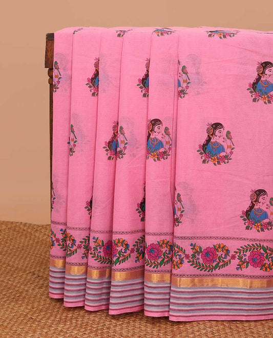 Pink human motifs & floral creeper printed chirala cotton saree, zari striped border & pallu of floral & bird print