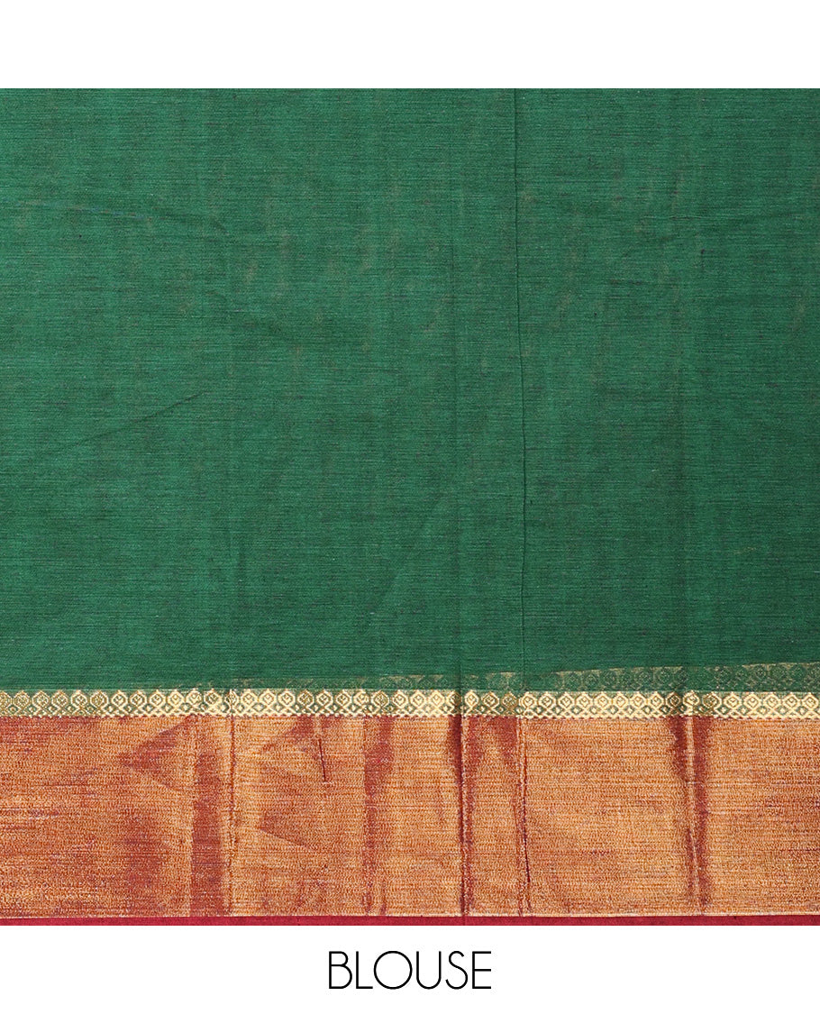 Dark green butats Kanchi cotton saree, contrast zari border, and paisley motif pallu