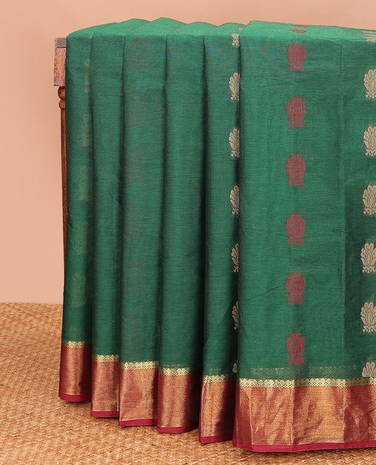 Dark green butats Kanchi cotton saree, contrast zari border, and paisley motif pallu