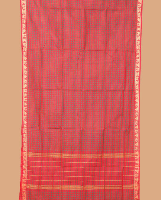 Pink checked nine-yard cotton saree, traditional motifs border, and pallu of stripes
