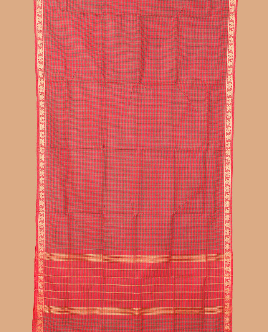Pink checked nine-yard cotton saree, traditional motifs border, and pallu of stripes