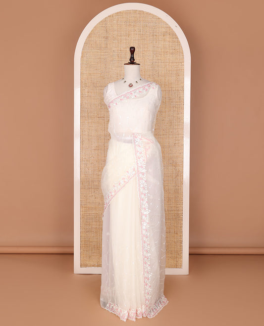 Cream stone & pink thread embroidered designer saree, scallop stone & thread embroidered border