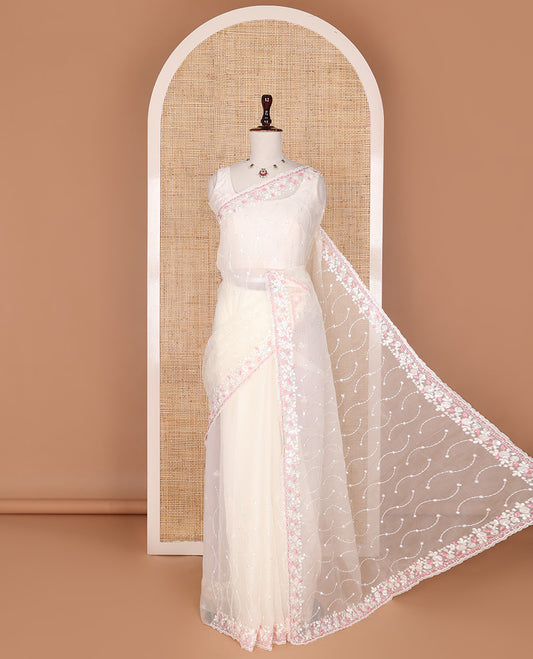 Cream stone & pink thread embroidered designer saree, scallop stone & thread embroidered border