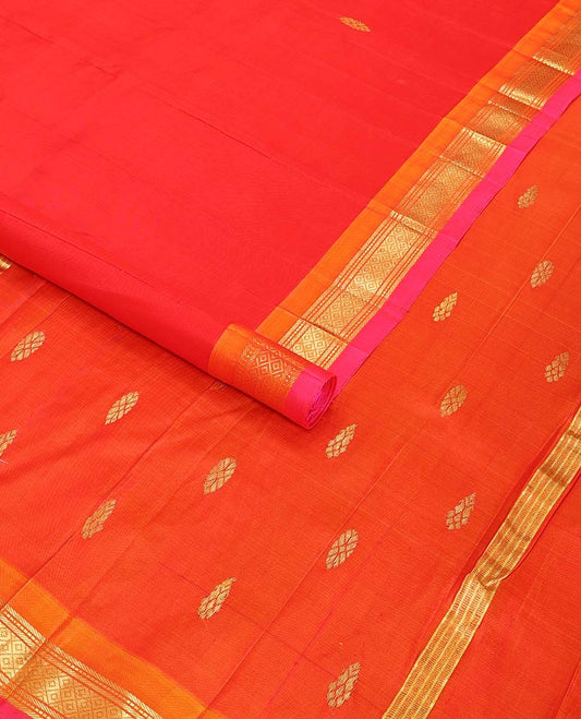 Red buttas kancheepuram silk saree with contrast zari design border & floral design pallu
