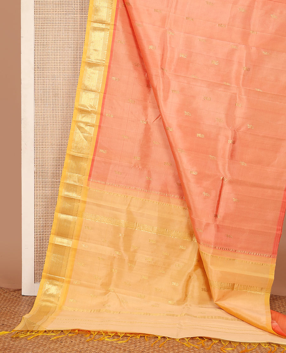 Sandal zari buttas Kanchipuram silk saree, contrast border of panner sombu, banaras and mayil kann, and zari design pallu