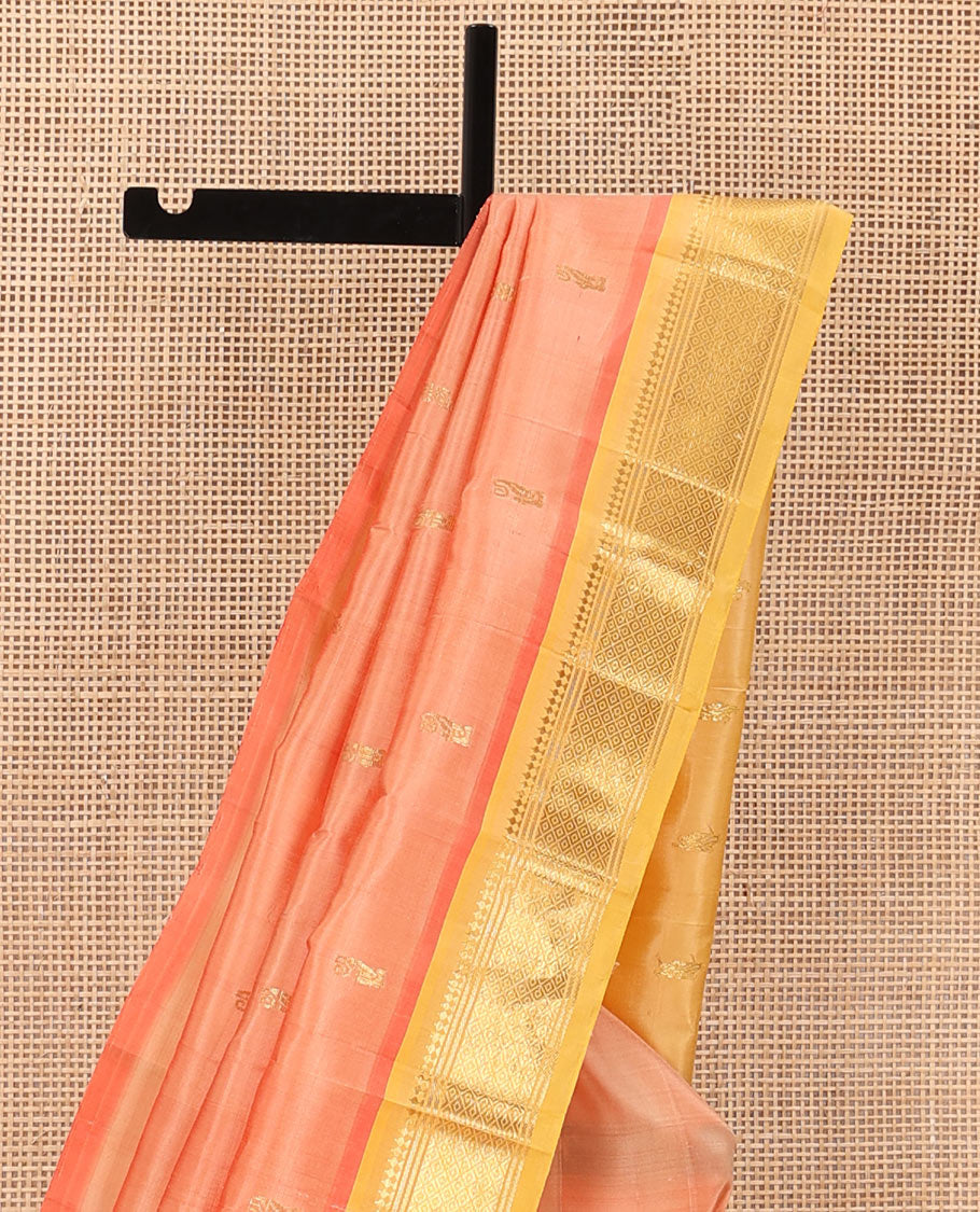 Sandal zari buttas Kanchipuram silk saree, contrast border of panner sombu, banaras and mayil kann, and zari design pallu