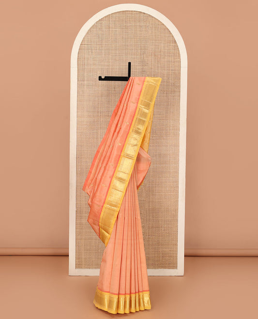 Sandal zari buttas Kanchipuram silk saree, contrast border of panner sombu, banaras and mayil kann, and zari design pallu