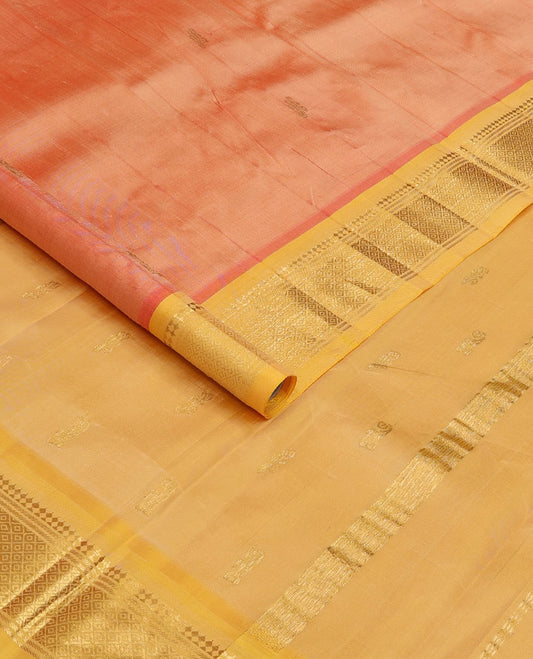 Sandal zari buttas Kanchipuram silk saree, contrast border of panner sombu, banaras and mayil kann, and zari design pallu