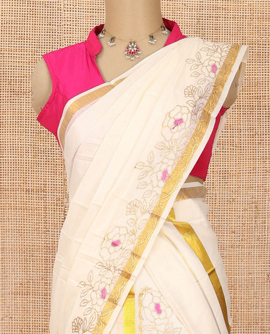 Cream plain Kerala mundu set with rose motifs micro-stone & pink thread embroidered border