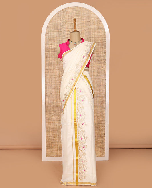 Cream plain Kerala mundu set with rose motifs micro-stone & pink thread embroidered border