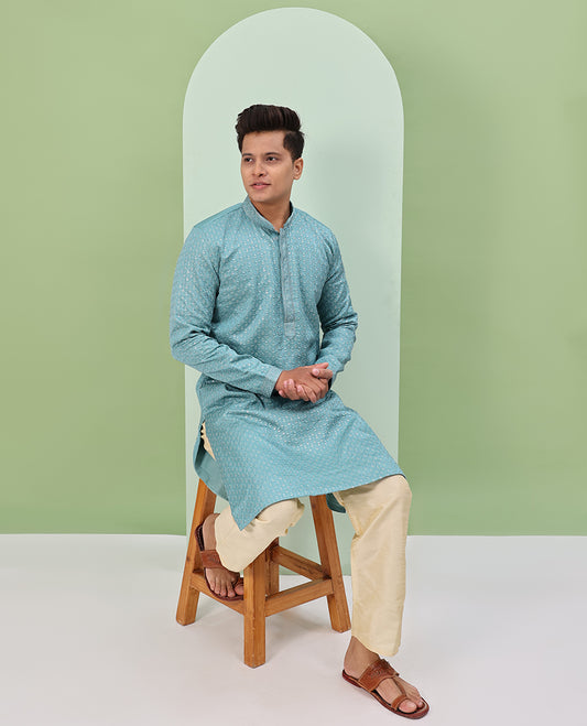 Blue sequins and thread jaal design embroidered full-sleeved readymade kurta