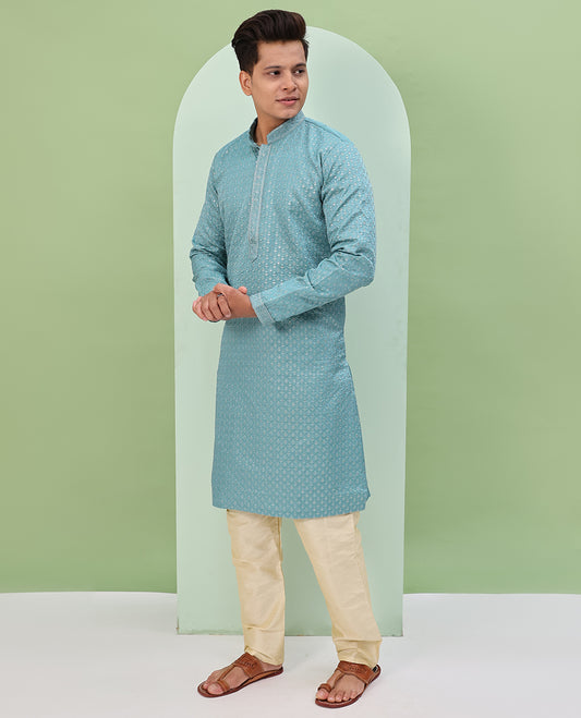 Blue sequins and thread jaal design embroidered full-sleeved readymade kurta