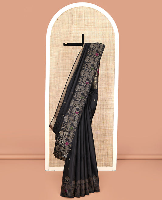 Borderless Black Mayuri Soft Silk Saree, Gleamed up with Zari Buttas and Meena Work On Its Body, Complemented by Pallu of Intricate Zari-Meena Thread Work, and Paired with a Matching Blouse