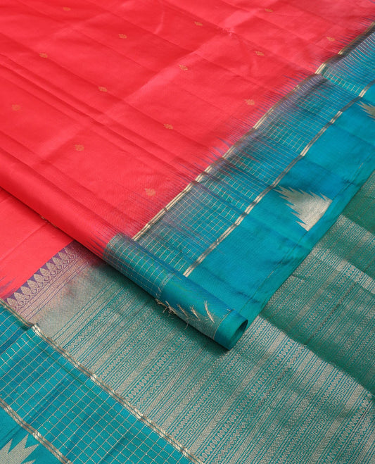 Red zari buttas soft silk saree, contrast zari checked border of banaras & thazampoo rekku designs &  geometric patterned pallu