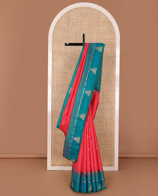Red zari buttas soft silk saree, contrast zari checked border of banaras & thazampoo rekku designs &  geometric patterned pallu