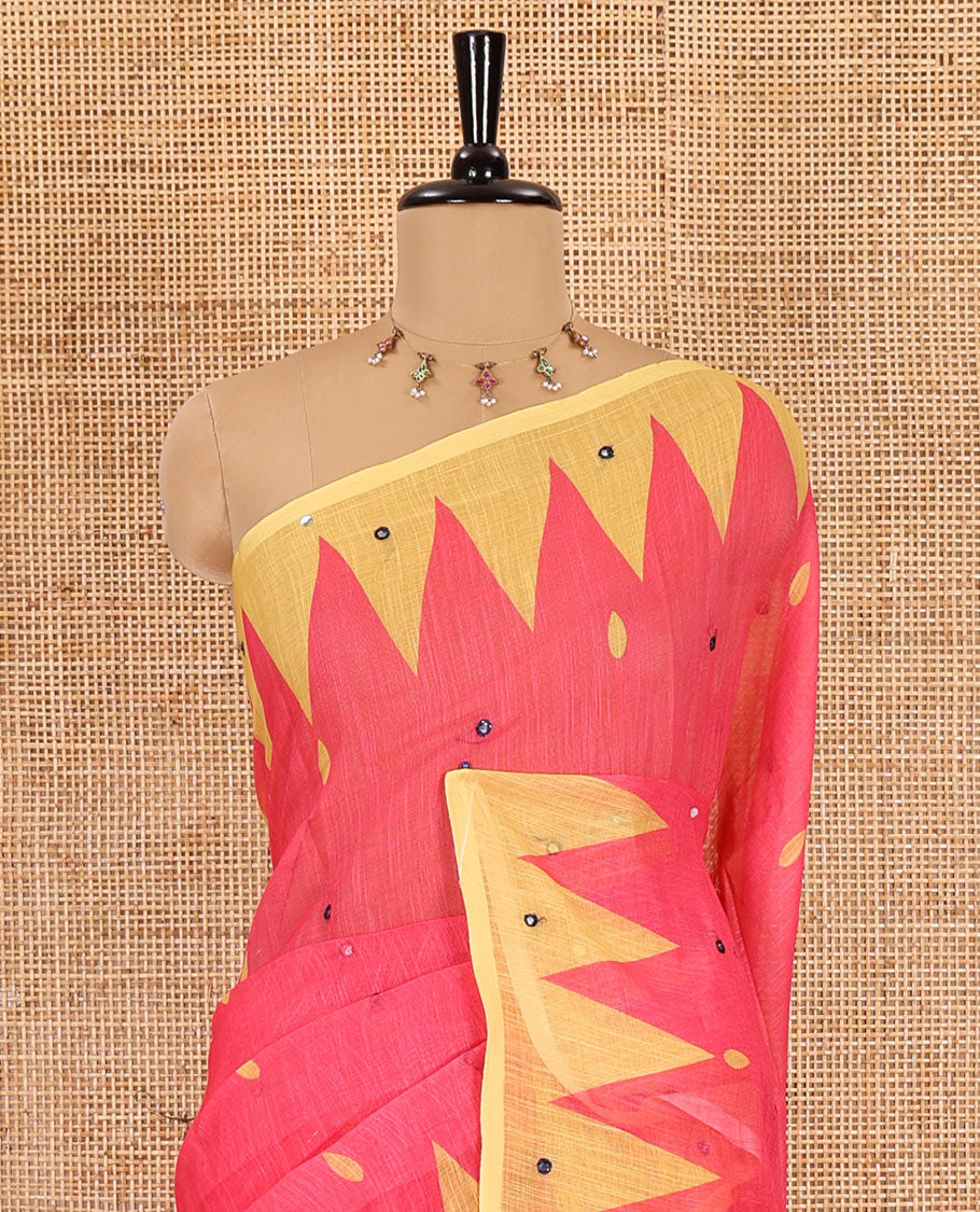 Pink thilakam buttas and mirror work khadi mul cotton saree, contrast temple border, striped and buttas pallu, and a contrast printed blouse